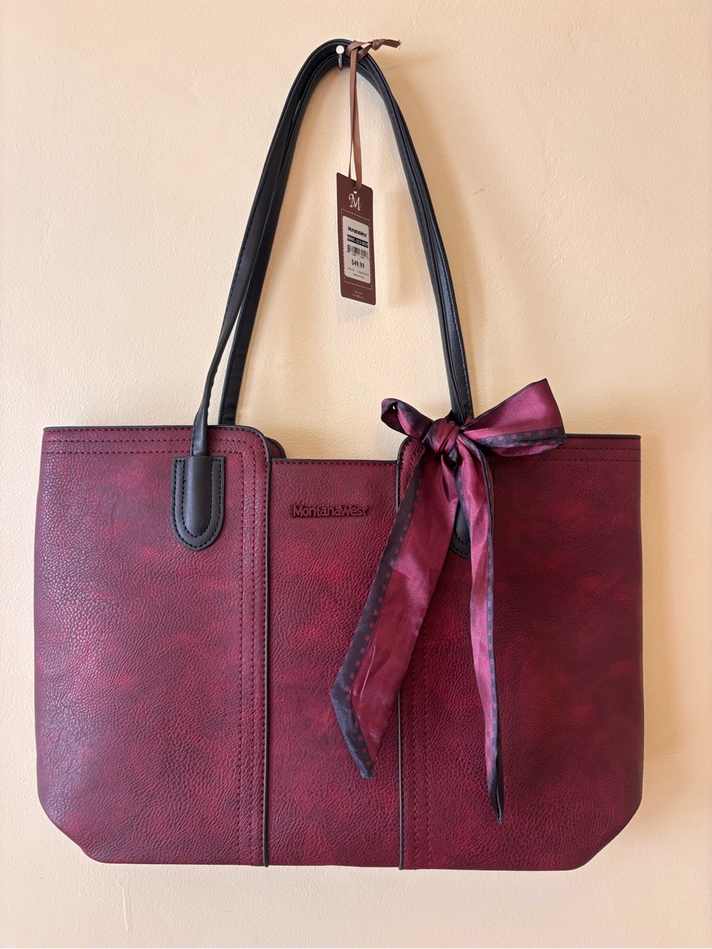 Montana West Wine Red Tote Bag with Bow Accent NWT
